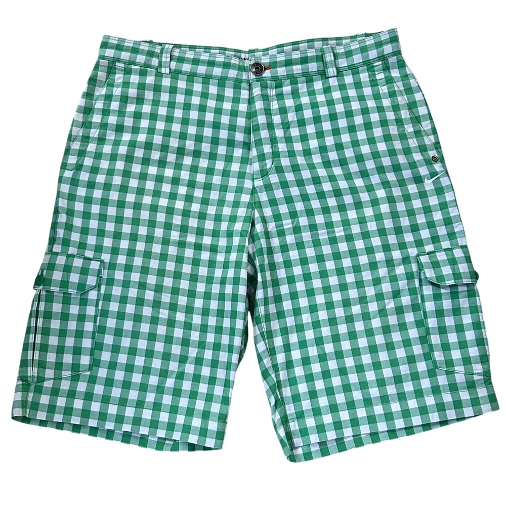 Nike Golf Sport Dri-Fit Green White Plaid Flat Front Men's Cargo Shorts - 34